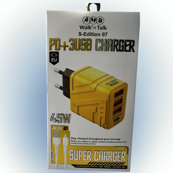AMB Walk n Talk PD Fast Charger with 3 USB Ports & USB Data Cable – Multi Device Charging