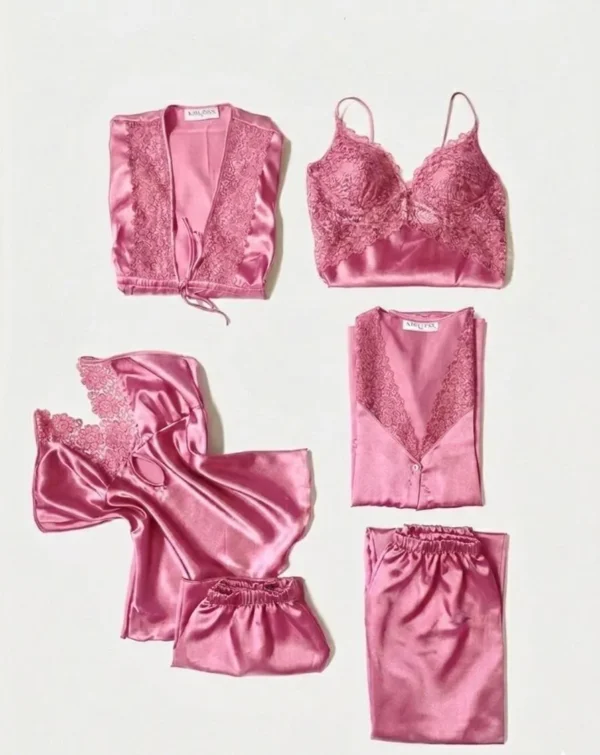 5 Pcs Women Silk Lace Night Suit Set Pink